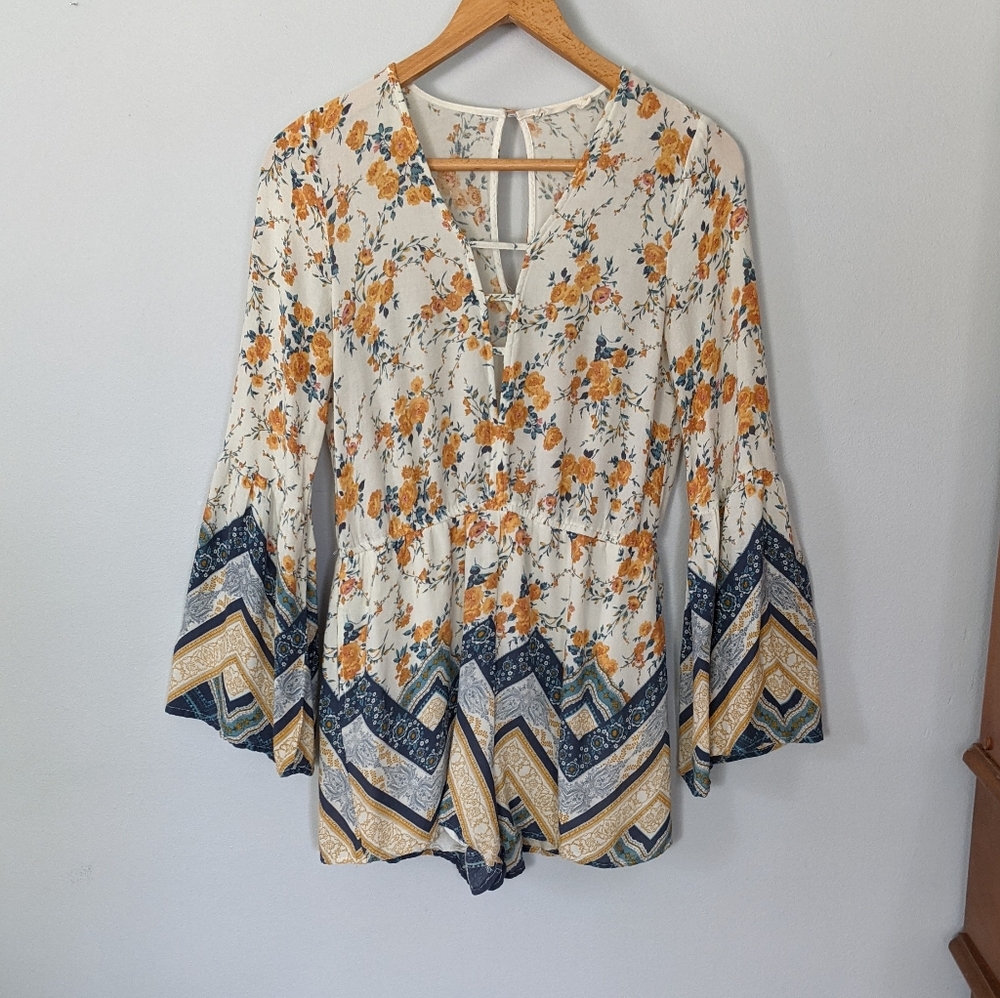 Chloe & Katie Long Sleeve Floral Striped Romper